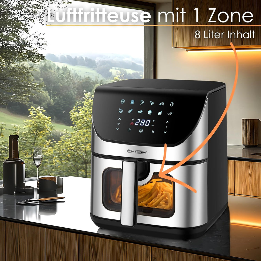Heissluftfritteuse | 8 Liter | Heissluftfritteuse | 4 in 1 Mini Backofen | Fritteuse | Dörrautomat |