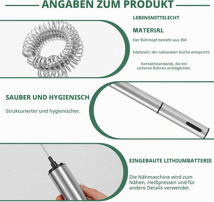 Milchaufschäumer Elektrisch, Milchaufschäumer Stab mit 3 Einstellbare Geschwindigkeiten Edelstahl un