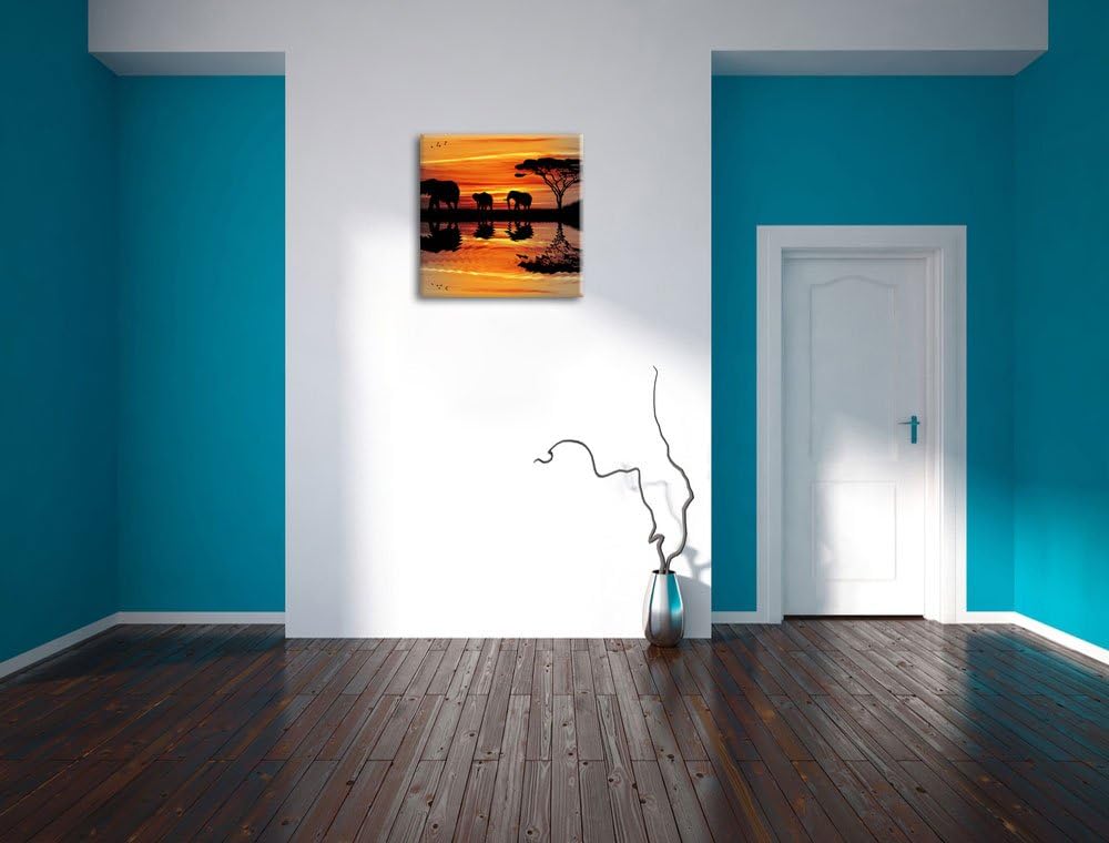 Pixxprint Afrika Elefant in Sonnenschein schwarz/weiss, Format: 70x70 auf Leinwand, 70x70