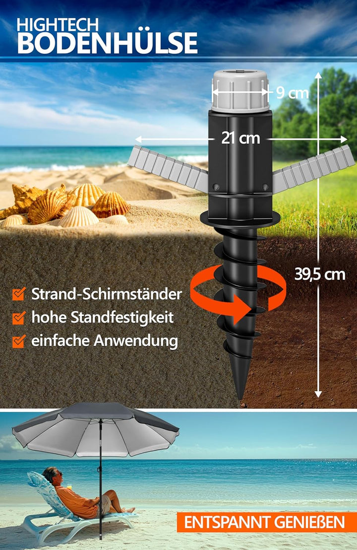 4smile Sonnenschirm Strand SunnyJoy Ø 180 cm, 3-IN-1 Set - UPF 50+ Strandschirm + Sonnenschirm Schut
