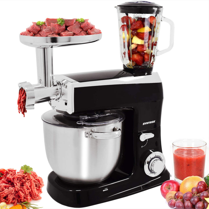 Syntrox Germany 1500 Watt Küchenmaschine Knetmaschine Mixer mit Fleischwolf, Edelstahl-Behälter, 7,5