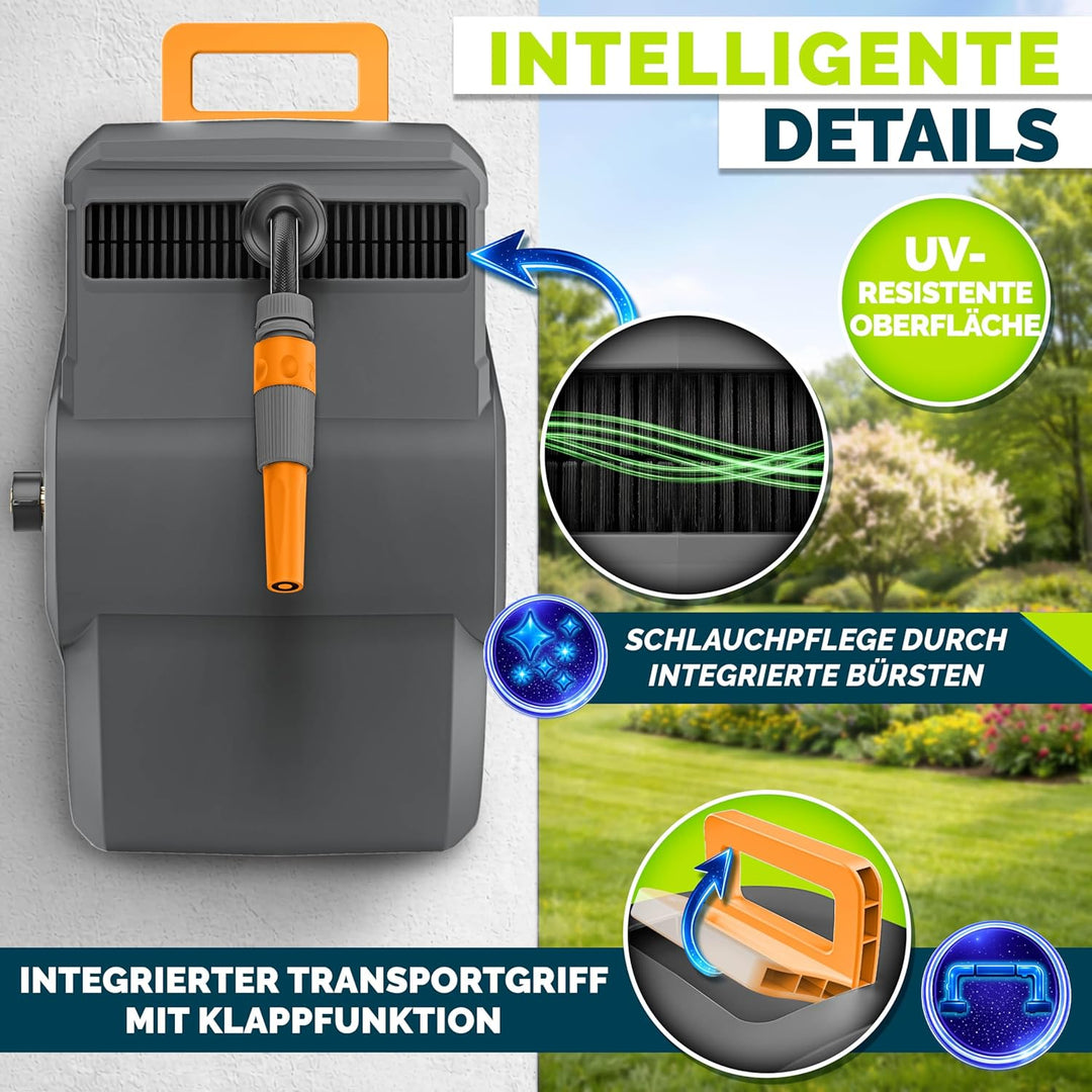 tillvex Schlauchtrommel Wasser mit Wandhalterung + Tragegriff | Schlauchaufroller mit Handbrause und