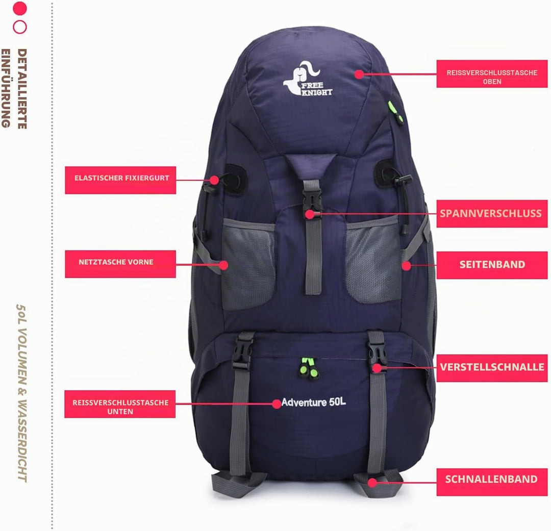 Bseash 50L Leichter wasserfester Wanderrucksack, Outdoor Sport Tagesrucksack Multifunktions Reisetas