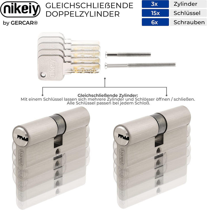 GERCAR Pro 3x Schliesszylinder 40/40 gleichschliessend Set 3 Profilzylinder inkl. 15 Schlüssel - 80