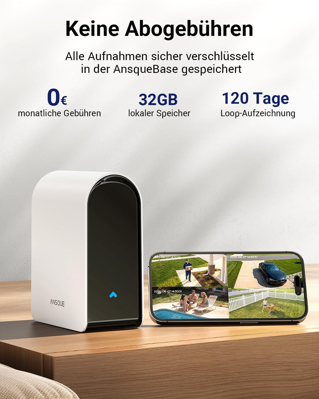 ANSQUE Überwachungskamera Aussen Solar Akku, 2er Set mit AnsqueBase, Ohne Abonnement, 32GB Lokalspei