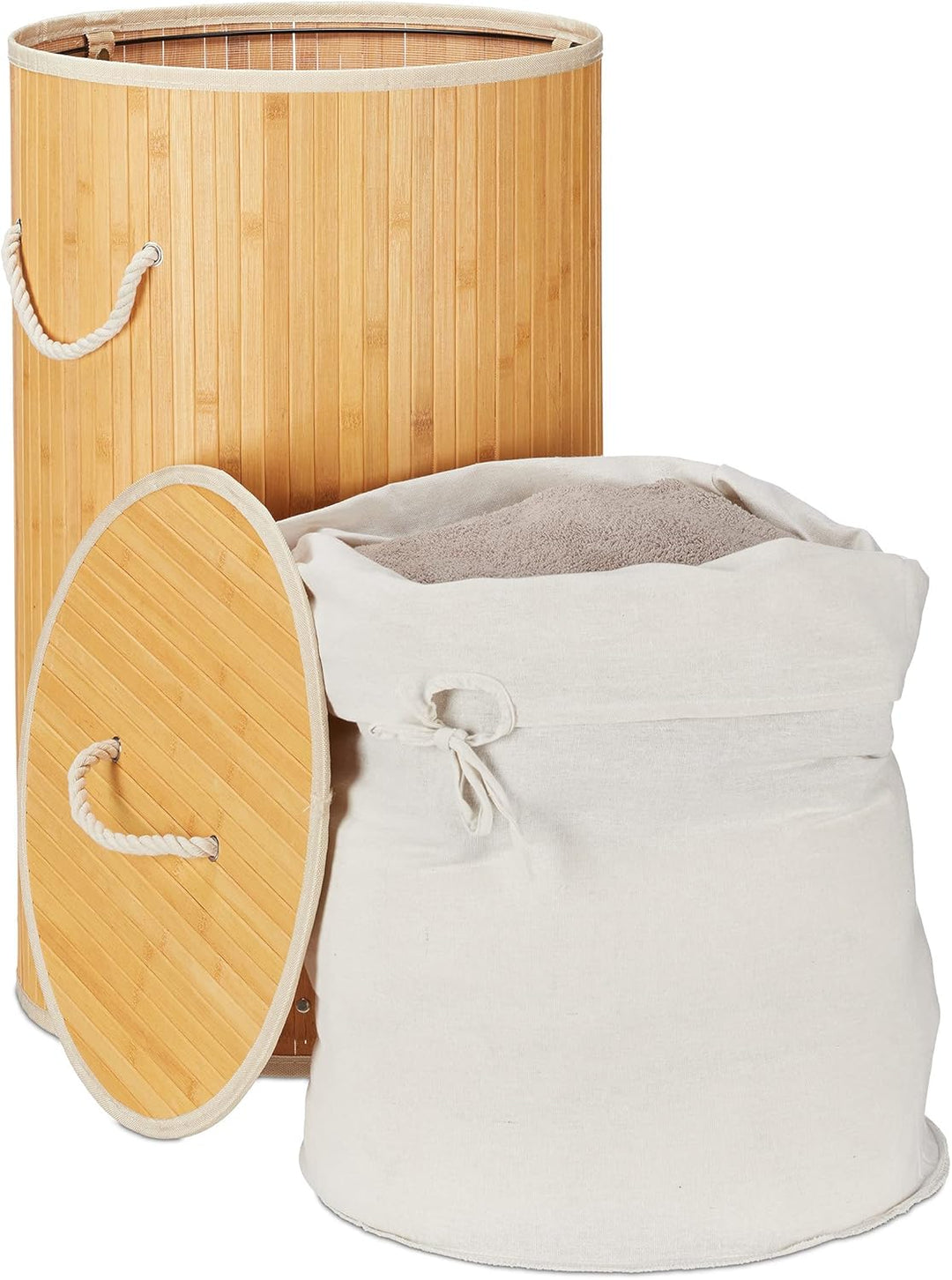 Relaxdays 1 x Wäschekorb Bambus, Faltbare Wäschetonne mit Deckel, Volumen 70 Liter, Wäschesack Baumw