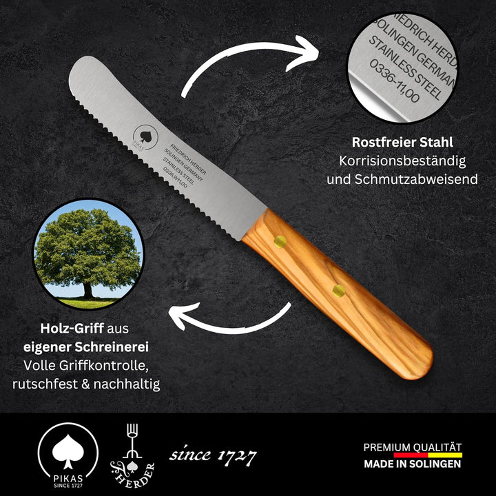 Solingen Messer, 4er Set Olive Holzgriff, Wellenschliff, Premium Buckelmesser, Klinge rostfrei 11cm