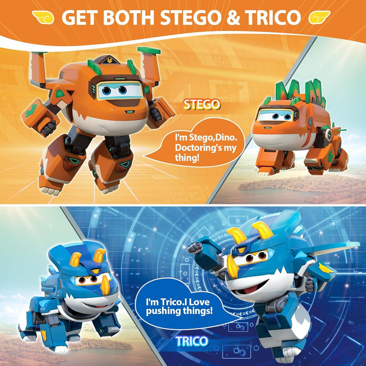 Super Wings Verwandelbares Roboterspielzeug 2PCS Trico &amp; Stego, 3-in-1 Dinosaurier-Spielzeug 12,7 cm