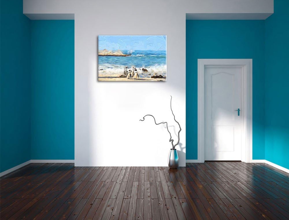 Pinguine am Strand als Leinwandbild/Grösse: 100x70 cm/Wandbild/Kunstdruck/fertig bespannt, 100x70