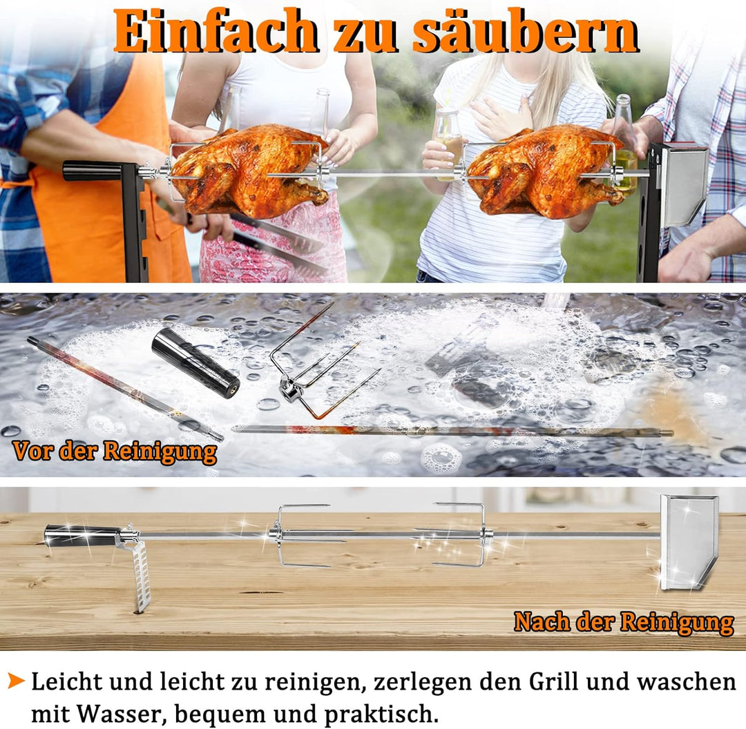UISEBRT Grillspiess Set 107cm Edelstahl Drehspiess mit Motor, 220V - 240V, inkl. 2X Fleischnadeln El