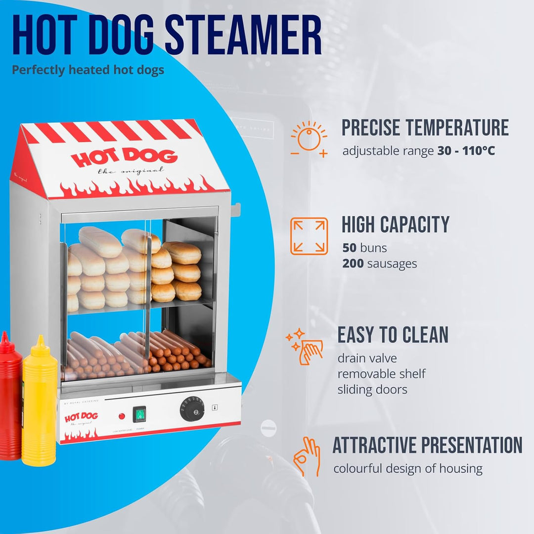 Royal Catering Hot Dog Steamer RCHW 2000 Würstchenwärmer für bis 200 Würstchen 50 Brötchen Warmhalte