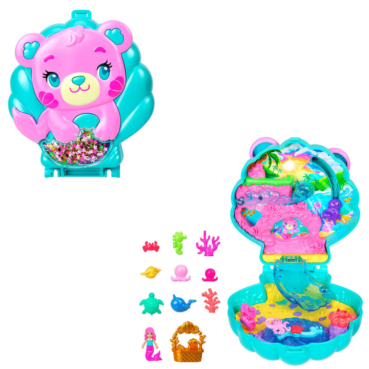 Polly Pocket Puppen und Spielset, Glitzerinsel-Schatulle, Reisespielzeug mit 1 Mini-Meerjungfrauenpu