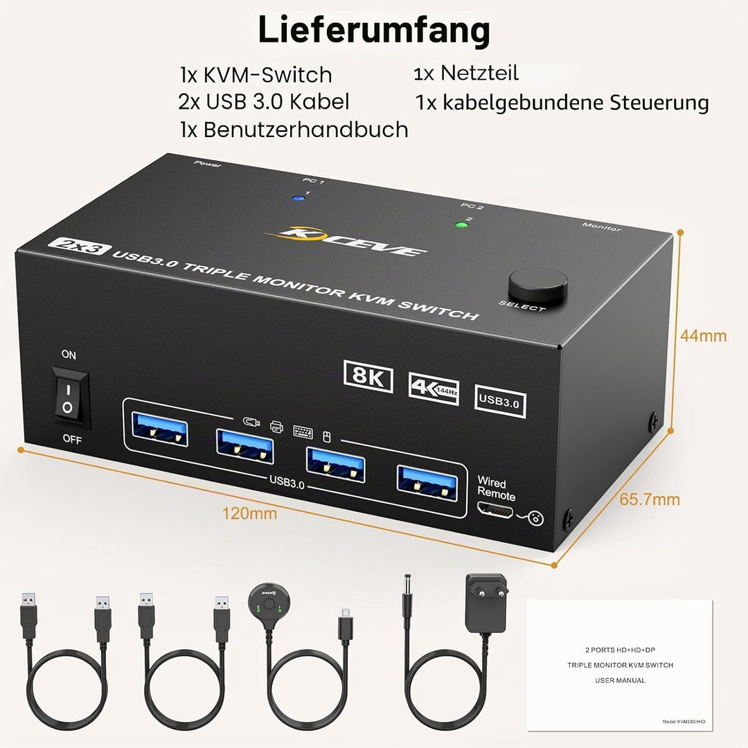 KVM Switch 2 PC 3 Monitore, KCEVE 2 HDMI + 1 DisplayPort KVM Umschalter, USB 3.0 8K@30Hz/4k@144Hz Dr