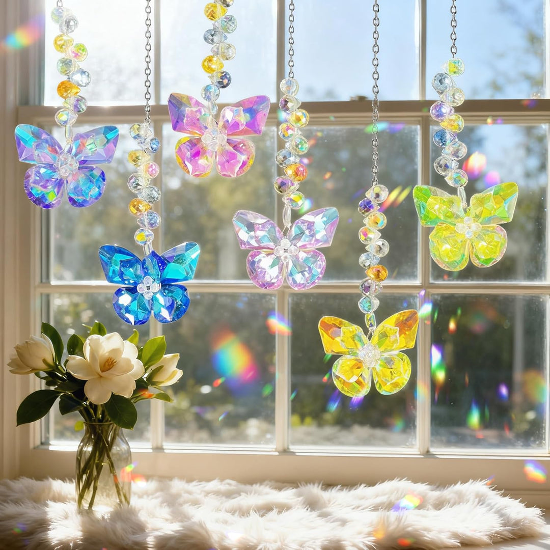 Sonnenfänger Kristall Fenster,6 Stück Schmetterling Kristall Anhänger Deko,Fensterdeko Hängend,Regen