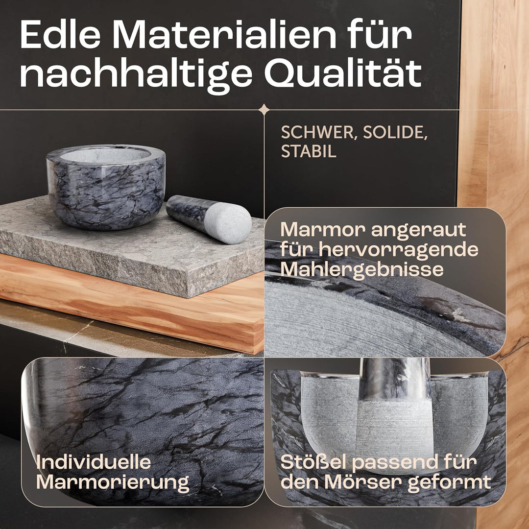 madeco - Edler Marmor Mörser mit Stössel Ø 14 cm - Perfekt geeignet für Gewürze, Kräuter &amp; Nüsse - S