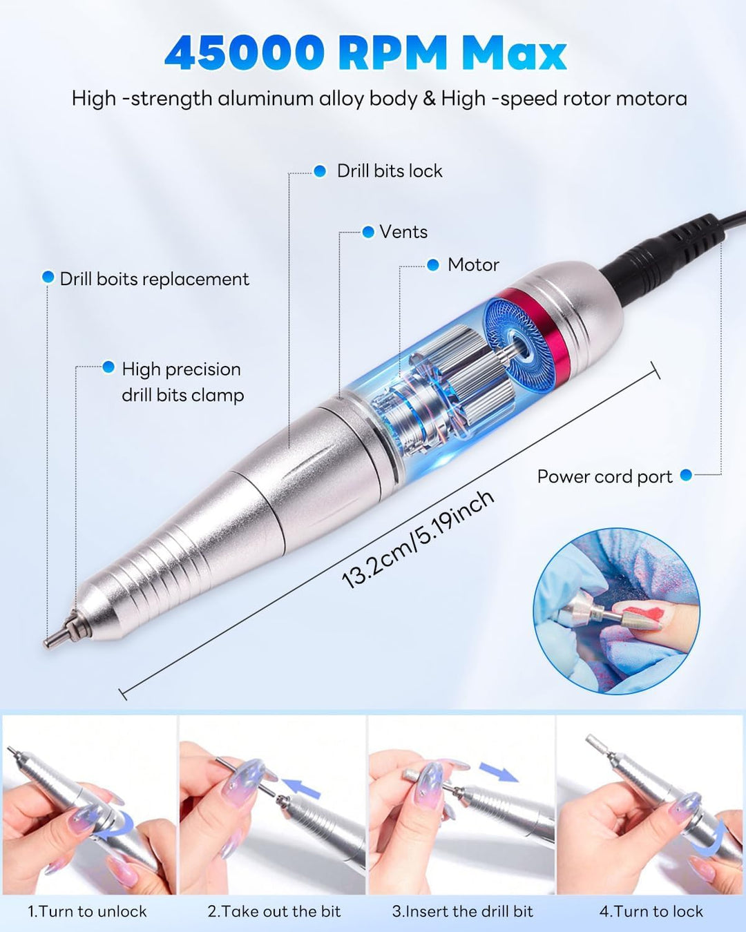 CozyZen Elektrische Nagelfräse Professional, 45000 U/min mit LCD-Display | Hand- &amp; Fusssteuerung, le