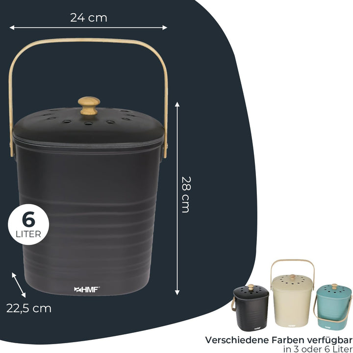 HMF Nachhaltiger Biomülleimer Küche, Geruchsdichter Komposteimer mit Deckel | 6 Liter | Schwarz Schw