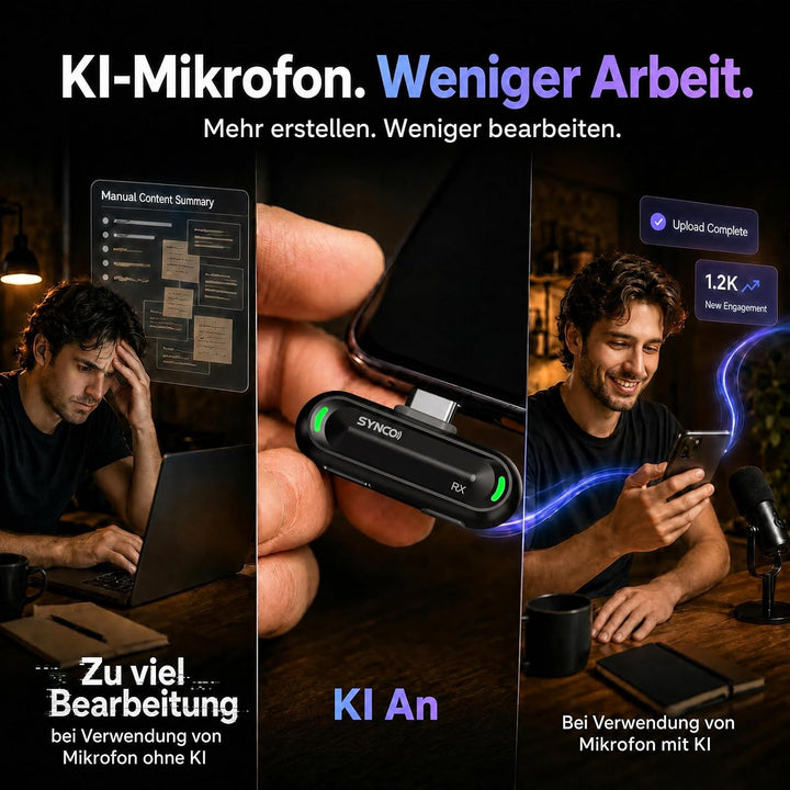SYNCO SMICT KI Funkmikrofon für Android, Kabelloses Lavalier Mikrofon mit Echtzeit Übersetzung, AI A