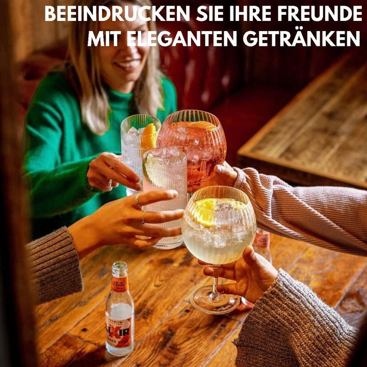 Geriffelte Gin Tonic Gläser Set | 2 Handgefertigte Gin Gläser, Rotgold-Barlöffel, Spirituosen-Messbe