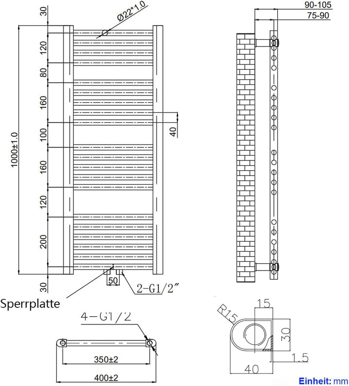 Heilmetz Badheizkörper Anthrazit Handtuchtrockner Heizung 1000 x 400 mm Bad Heizkörper Handtuchheizk