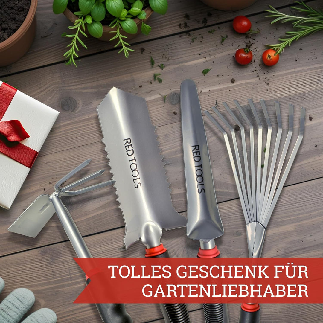 Red Tools Profi Garten -Set 4 TLG. - Multifunktions- Gartenschaufel mit Wurzelsäge, Kombihacke, Pfla