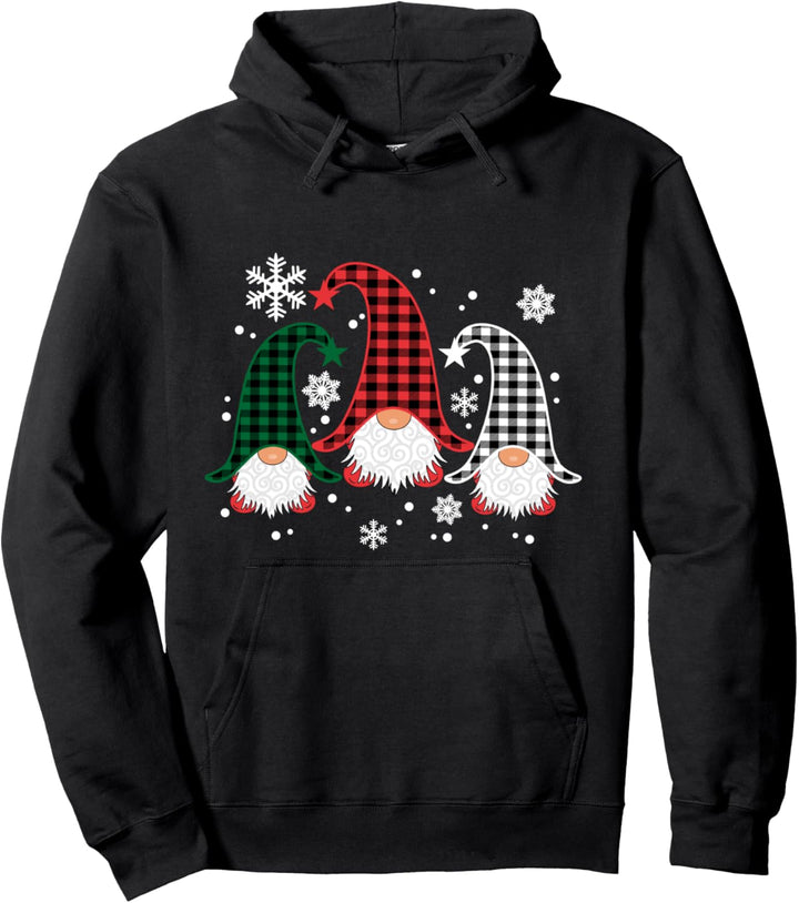 Drei Gnome-Büffel-karierte Weihnachtsschneeflocken Pullover Hoodie