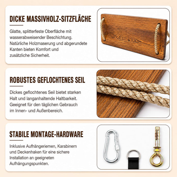 Holzschaukel für Garten &amp; Innenbereich – Schaukelsitz aus Massivholz (43x20x2,5cm) bis 200kg, Kinder