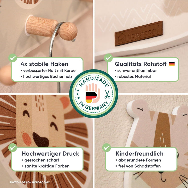 Kindergardroben mit 4 Haken - Wandgarderobe mit Tiermotiven für Kinderzimmer - Garderobenhaken aus H