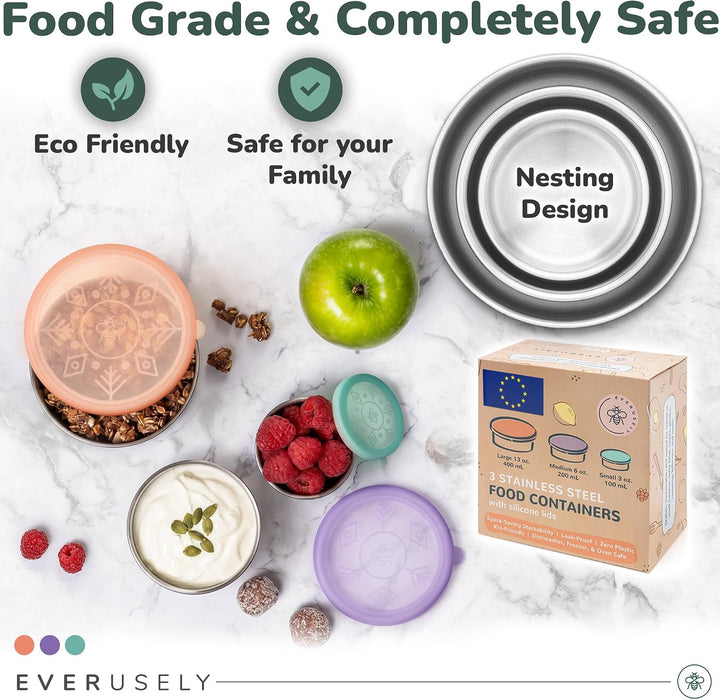 Everusely – Snackboxen aus Edelstahl – 3er-Pack, Sorbet – auslaufsichere Silikondeckel – kleine Lunc