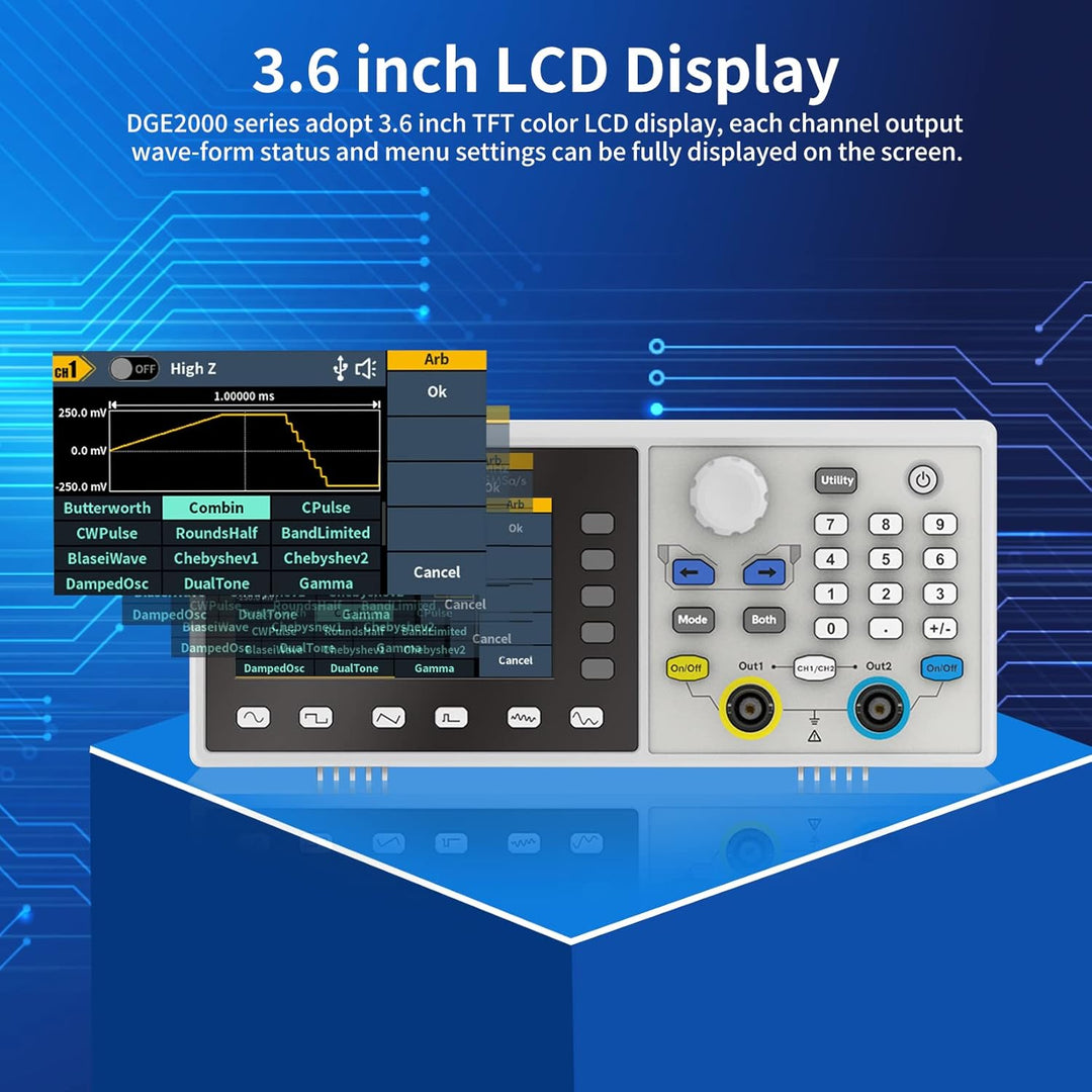 OWON DGE2070 Dual Channels 70 MHz Funktionsgenerator, 3,6 Zoll LCD-Display, tragbarer willkürlicher