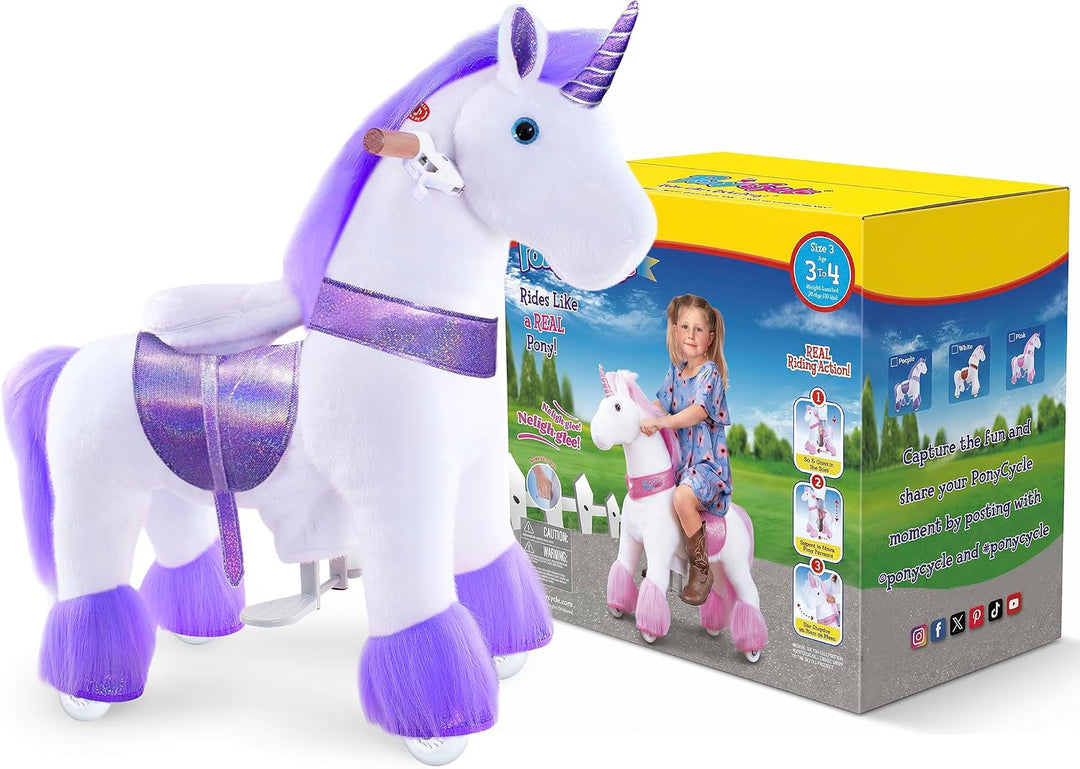 PonyCycle Einhorn zum Reiten für Kinder 3–4 Jahre, 76cm Hoch, Plüsch Einhorn auf Rollen mit Handbrem