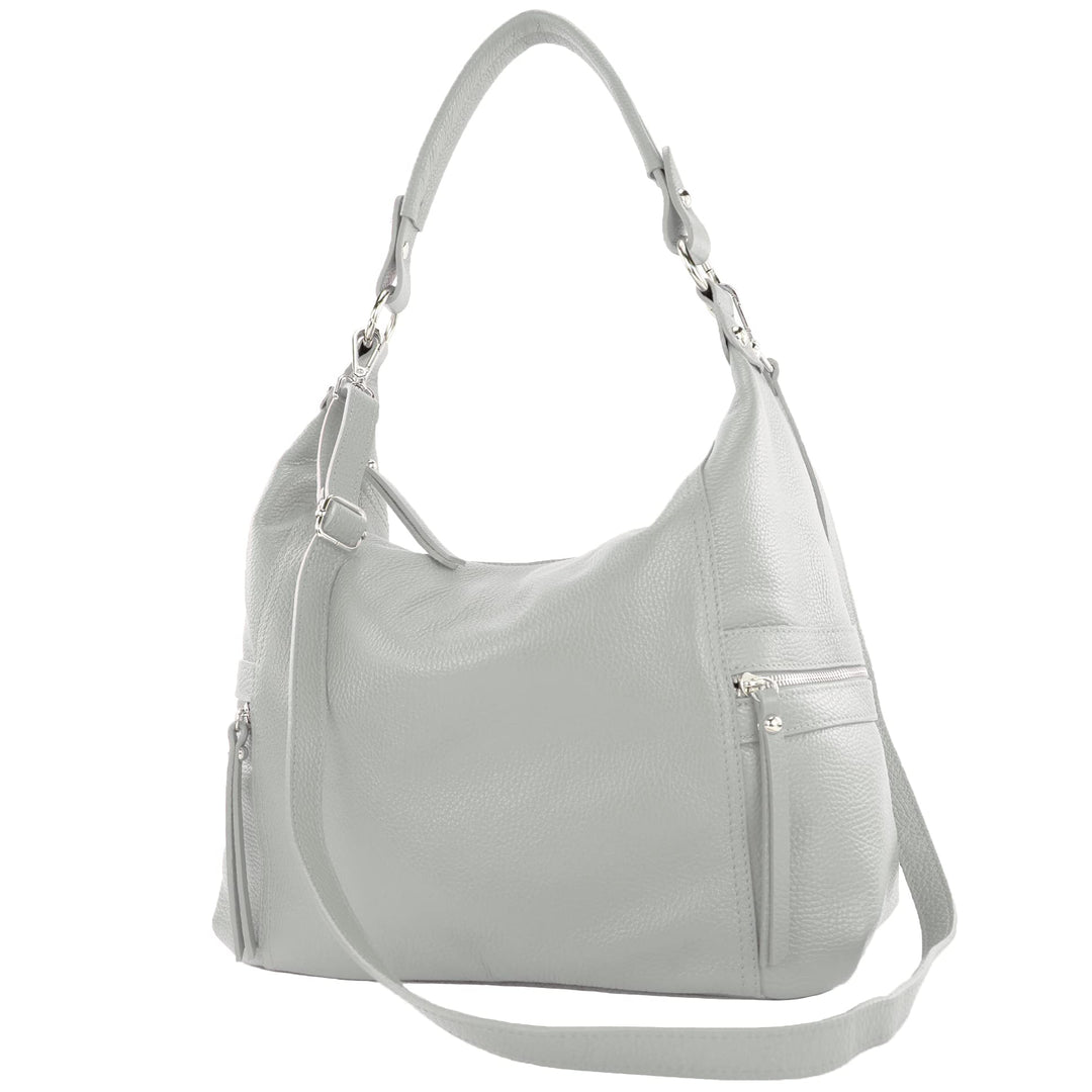 modamoda de - T229 - ital Schultertasche Shopper aus Leder Telegrau, Telegrau