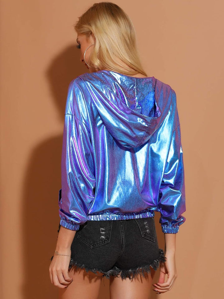Allegra K Damen Bluson Langarm Metallic Jacke Holographic Party Reissverschluss Kapuzenjacke XS Blau