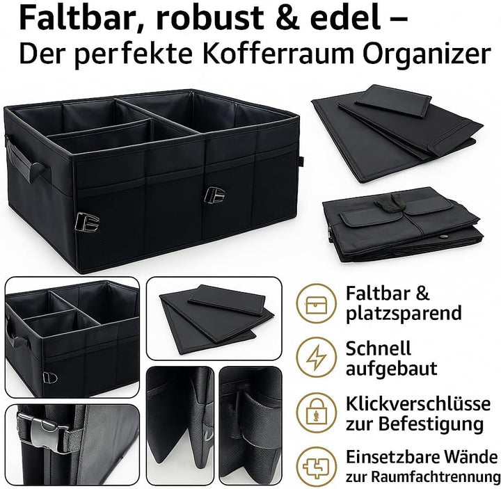 Kofferraum Organizer mit Deckel – grosse Auto Aufbewahrungsbox faltbar mit Fächern & Seitentaschen –