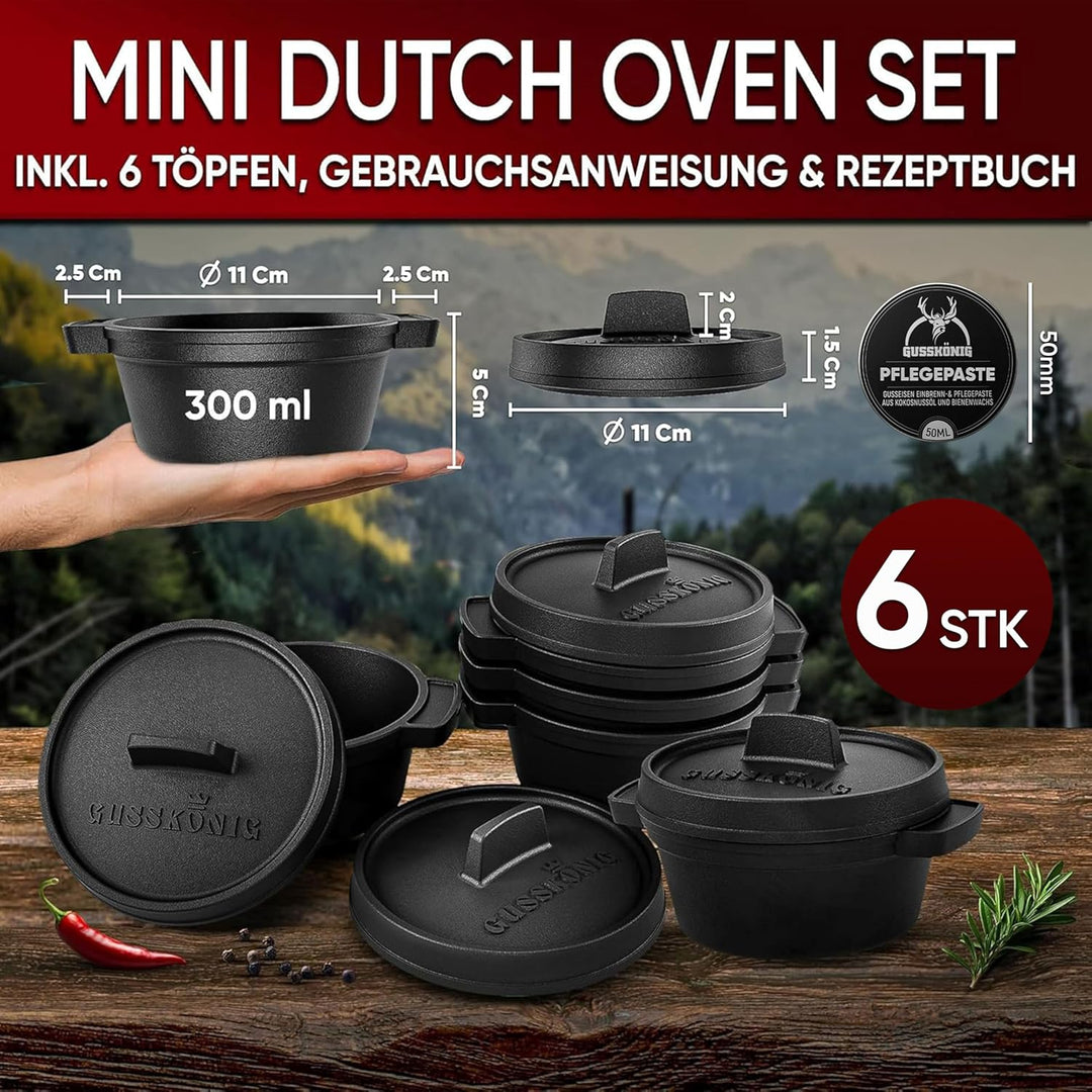 Dutch Oven Set Mini –6x 300 ml Gusseisen Mini Topf mit Deckel–bereits eingebrannter Mini Dutch Oven–