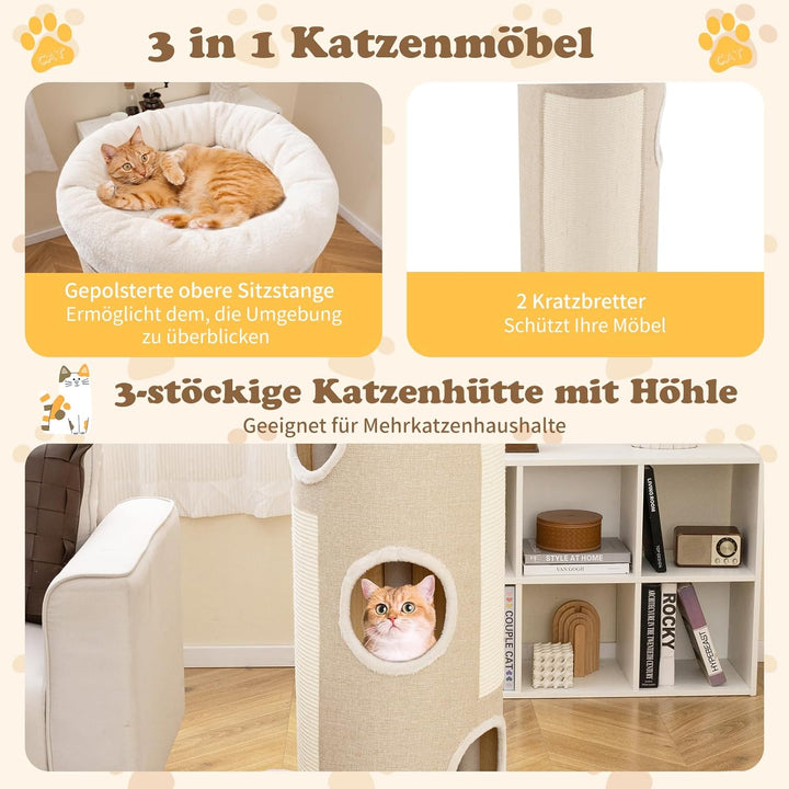 COSTWAY Kratztonne 4 Ebenen, 113 cm hoch, Katzentonne mit 3 Höhlen, 2 Sisal-Kratzbrettern, Plüschbet