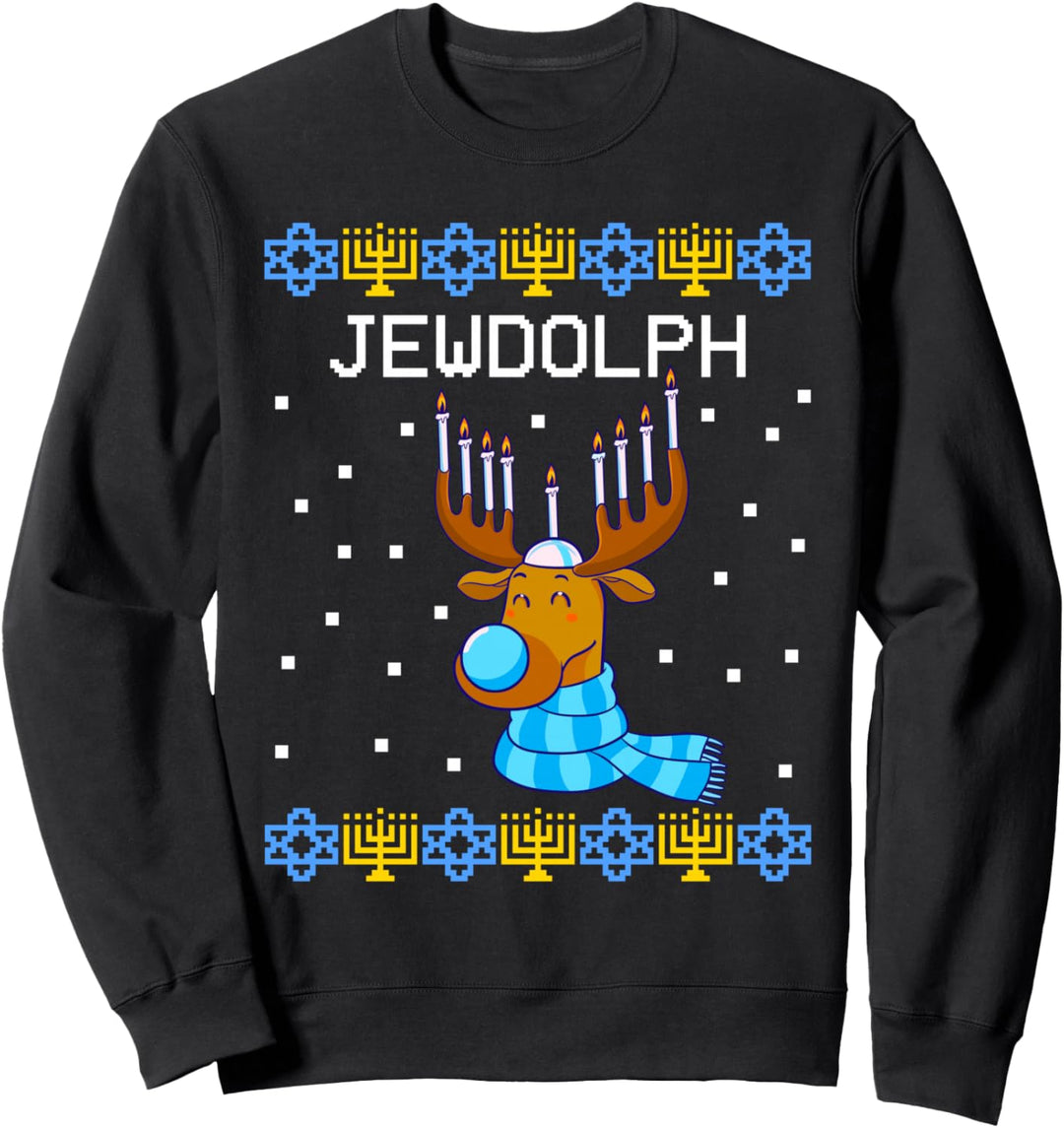 Jewdolph Ugly Chanukkah Pullover Rentier Menora Chanukah Sweatshirt