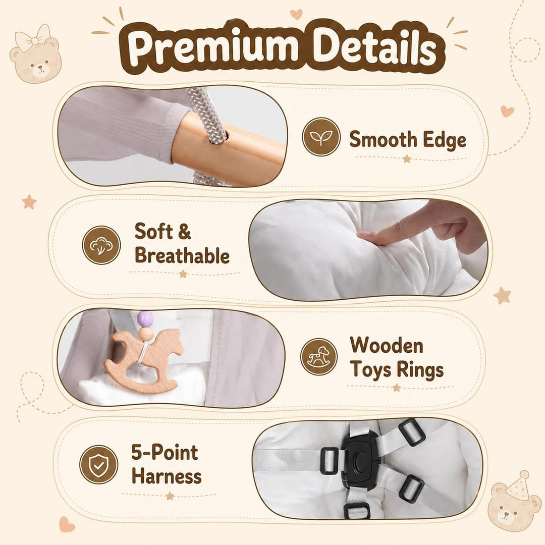 Babyschaukel Indoor 3 in 1,Hängeschaukelsitz aus Holz mit Sicherheitsgurt und Baumwollkissen, Einste