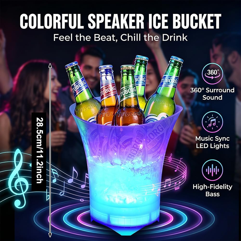 5L Led Eiskübel LED Sektkübel, Eiseimer mit Bluetooth Lautsprecher, Flaschenkühler mit Multi-Farbwec
