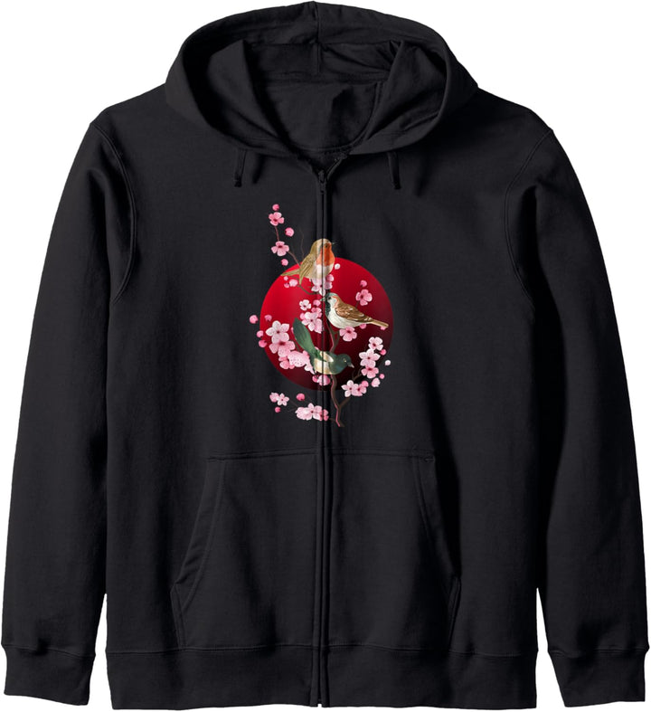 Birds Sit On Spring Cherry Blossom Japanese Sakura Flowers Kapuzenjacke