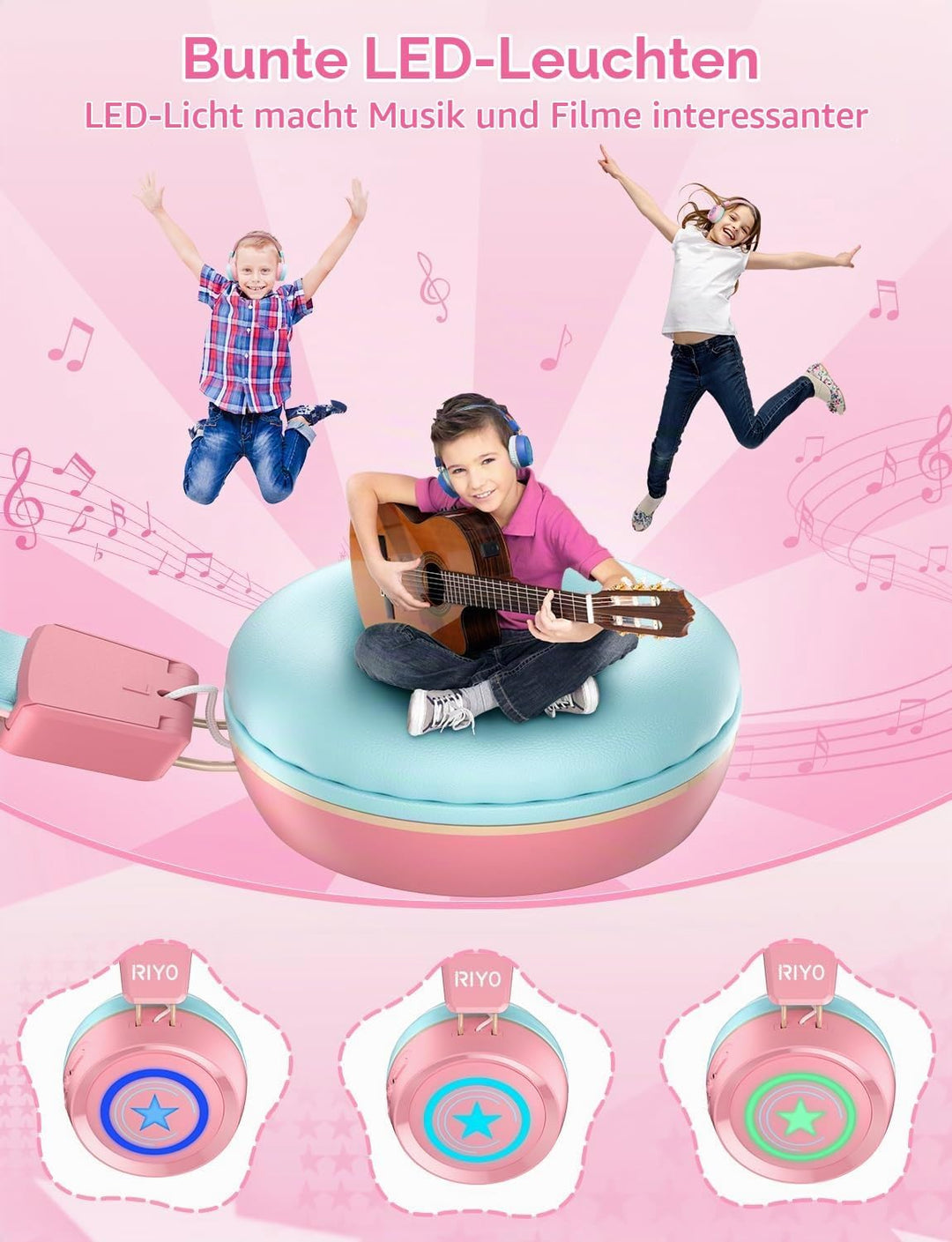 riyo Bluetooth Kopfhörer Kinder, Kinderkopfhörer Kabellos mit LED-Leuchten Bluetooth 5.0 Kinder Kopf