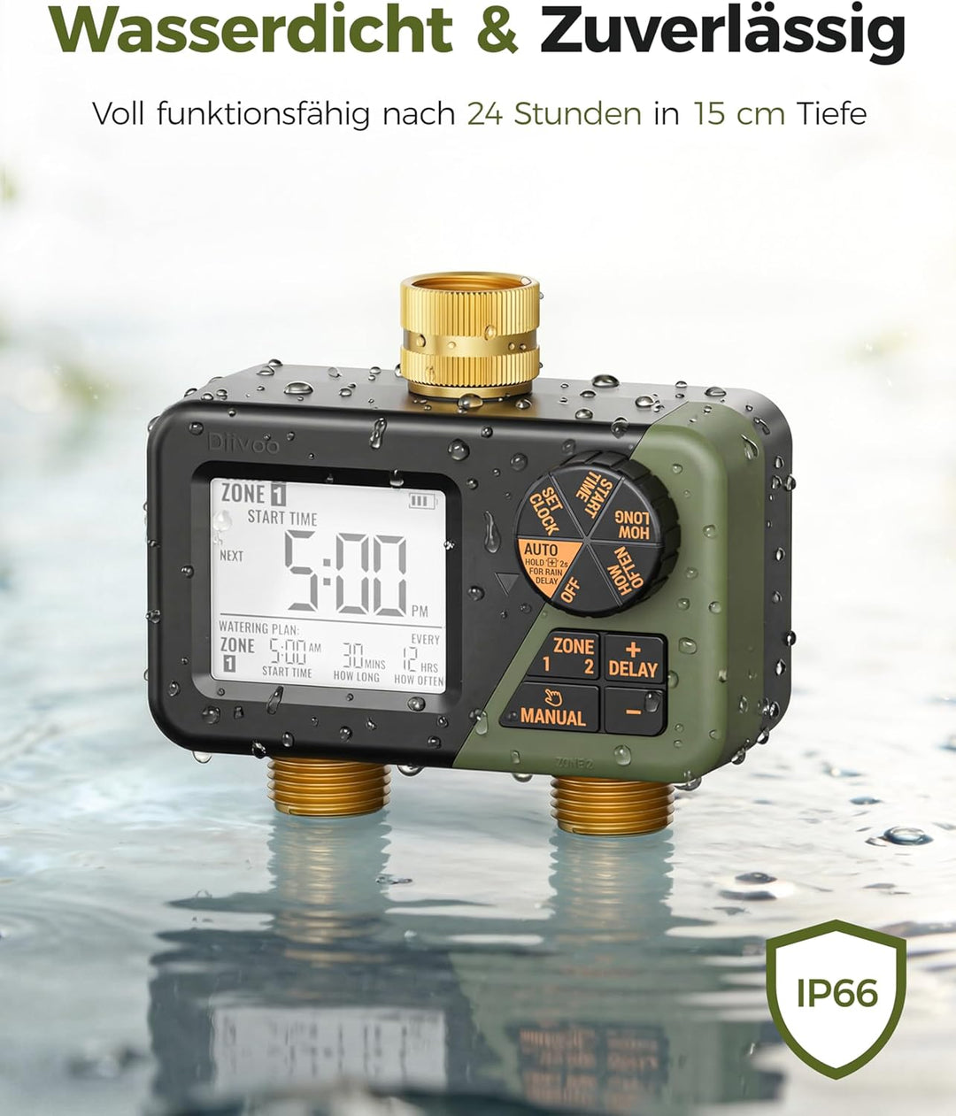 Diivoo Bewässerungscomputer 2 Ausgänge, Programmierbare Wasserschlauch Timer 2 Outlet für Garten, Ou