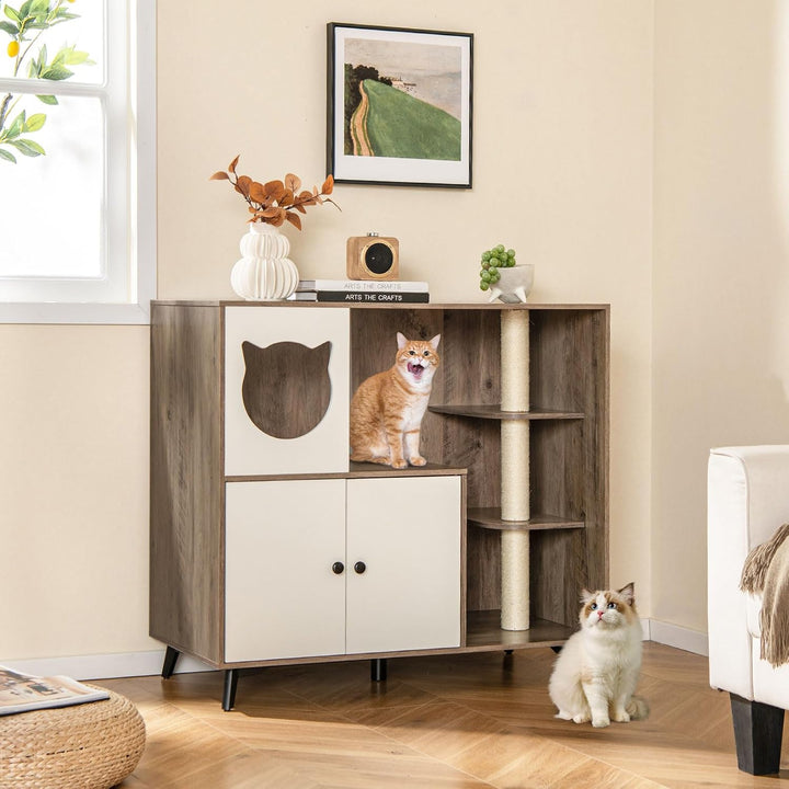 COSTWAY Katzenklo Schrank mit Kratzbaum, Katzenschrank für Katzentoilette mit Katzenhaus, Eingang, 2