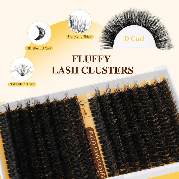 QUEWEL Wimpern-Extensions 320 Stück 80D+100D, DIY Lash-Extension-Set, Cluster-Lashes mit Wimpernkleb
