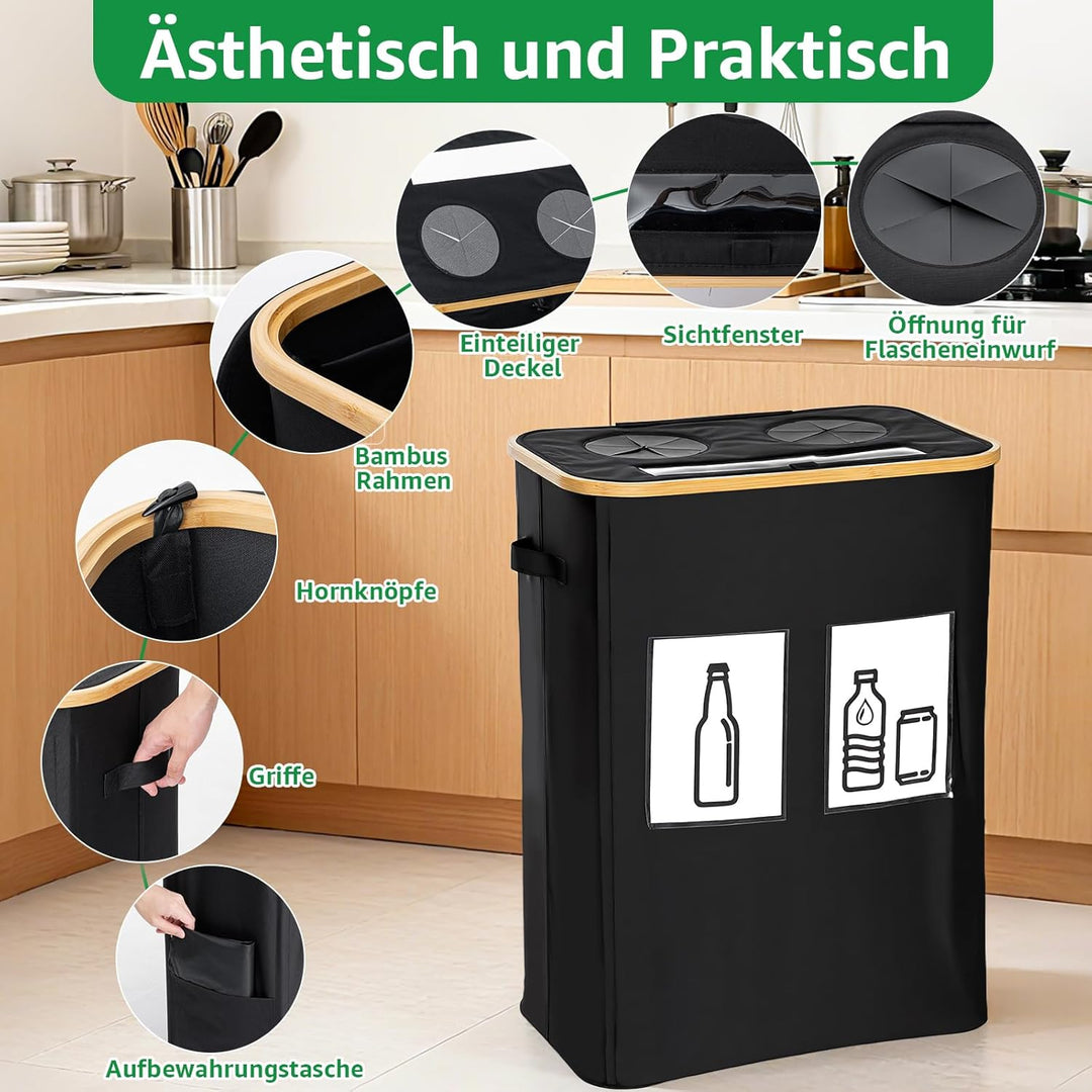 GARPROVM 160L Pfandflaschen Sammelbehälter, 2 Fächer Flaschensammler mit Doppel Silikonloch Sichtfen