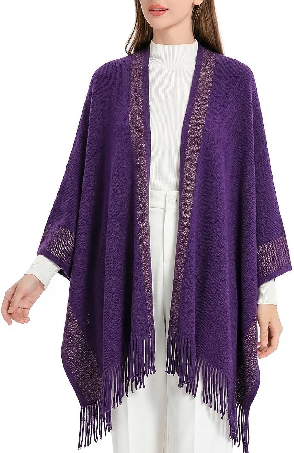 ZLYC Damen Weiche Schlichte Poncho Capes Retro Cardigans Pullover Violett, Violett