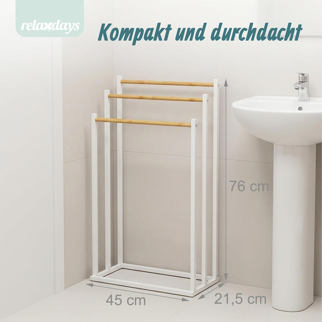 Relaxdays Handtuchständer, HBT: 76 x 45 x 21,5 cm, Metall, 3 Stangen aus Bambus, stehender Handtuchh