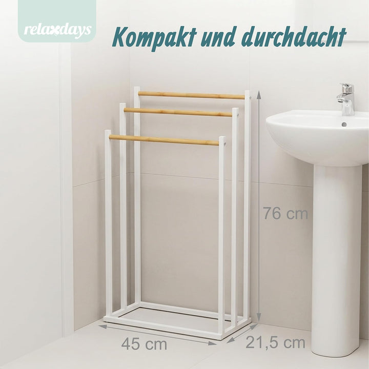 Relaxdays Handtuchständer, HBT: 76 x 45 x 21,5 cm, Metall, 3 Stangen aus Bambus, stehender Handtuchh