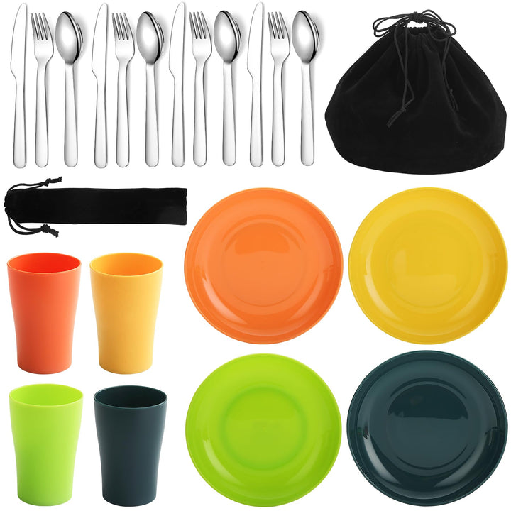 Evanda Camping Besteck Set 20 teilig, wiederverwendbarer Leichter Becher, Teller und Edelstahlbestec