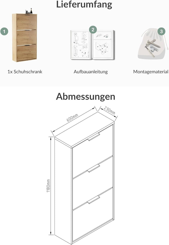 Planetmöbel Schuhschrank schmal mit 3 Klappen platzsparender Schuhregal mit 6 Ablagen, Schuhkommode